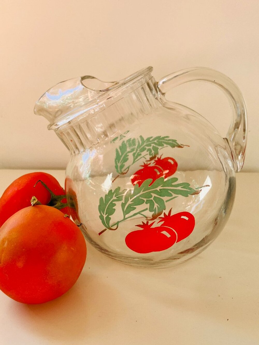 1940's Anchor Hocking Titled Ball Glass Pitcher featuring Tomato Transferware